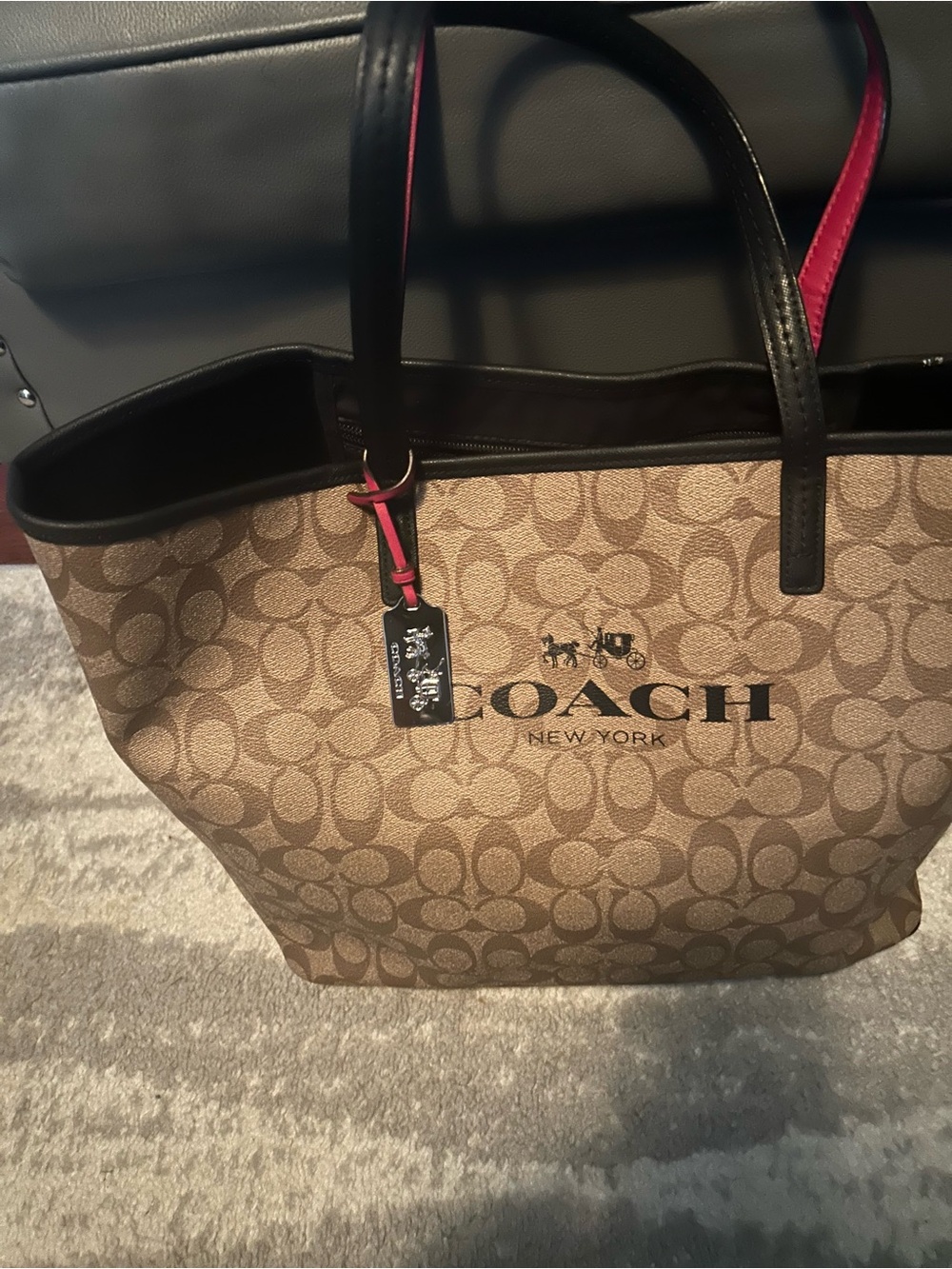 Coach Signature Canvas Tote in Khaki/Black with Pink Trim
